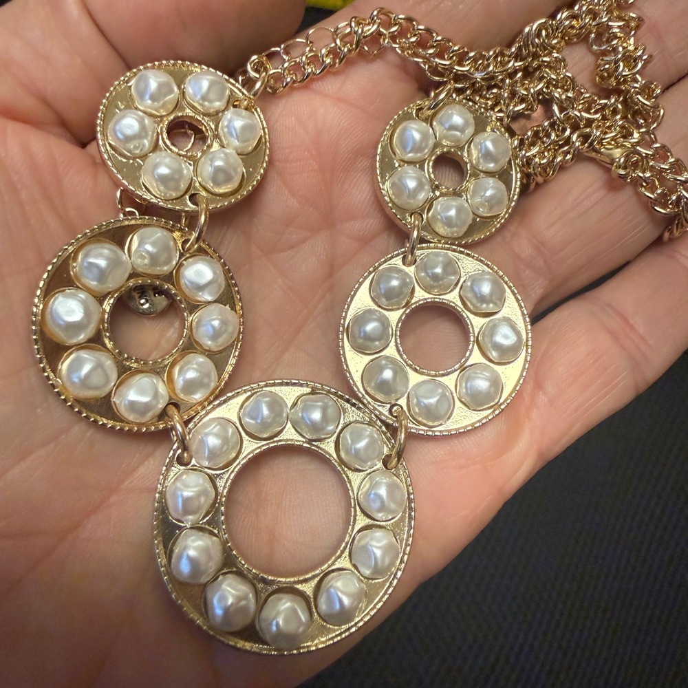 Catherine Malandrino Gold Tone Faux Pearl Graduated Circle Collar Necklace 22.5"